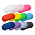A collection of fabric eye masks in various colours, including white, pink, red, yellow, green, blue, purple, grey, and black.