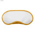 A sleep eye mask in white with a mustard yellow trim, featuring logo branding.