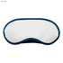 A navy blue sleep eye mask with a white front and a curved design. It features a branding logo.