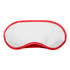 A sleep eye mask in white with red trim, suitable for personal health and relaxation. It has a logo.
