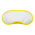 A sleep eye mask in white with a bright yellow trim, featuring a logo on one side.