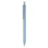 A light blue eco-friendly plastic pen with a clip and a logo. Designed for writing and promotional use.