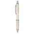 A promotional pen featuring a cream-coloured body with silver accents and a clip, displaying a brand logo.