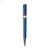 A blue plastic pen with a clip and a decorative band featuring red, white, and green colours.