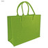 A green tote bag with two handles and a structured design, featuring a logo on one side.