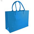 A blue felt tote bag with two handles, featuring a simple design and a logo on one side.