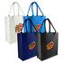 A set of four tote bags in white, blue, navy, and black, each featuring a logo on the front.