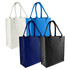 A collection of tote bags in white, blue, navy, and black, each with sturdy handles and a branding logo.
