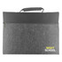 A grey felt carry case with a black top, featuring a handle and a logo on the side.