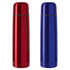 A drink bottle set featuring a red and a blue stainless steel thermos, both with a sleek design and a logo.