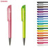 Two plastic pens in pink and green, featuring a transparent design, alongside a variety of pens in multiple colours.