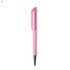 A pink plastic pen with a textured grip and a shiny silver tip. The pen features a logo on its side.