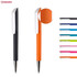 Two plastic pens in black and orange, featuring a textured grip and a selection of other vibrant colours. One pen has a logo.