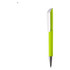 A plastic pen featuring a bright green barrel and a white clip, with a silver tip and branding.