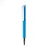 A blue plastic pen with a white cap and a silver nib, featuring a logo on the side.