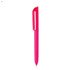 A bright pink plastic pen with a streamlined design and a logo on its body.