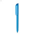 A blue plastic pen with a sleek design and a cap, featuring a logo on the barrel.