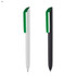 A set of plastic pens in white and black, each with a green cap and branding.