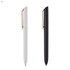 A set of two plastic pens, one white and one black, featuring a clip design and a branding logo.