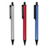 Three metal pens in silver, red, and blue with a clip for easy attachment. Each pen features a sleek design.