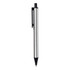 A metallic silver pen with a black clip and a black tip. The pen features a logo on its body.