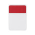 A rectangular fridge magnet clip with a textured red top and a white base, featuring a logo.