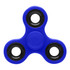 A blue fidget spinner with black bearings and a central button, featuring a smooth, rounded design.