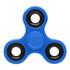 A blue fidget spinner with black bearings, featuring a three-pronged design. It has a logo on one side.