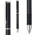 A black grey-lead pencil featuring chrome accents and a textured grip. The product has a logo on it.