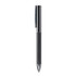 A metal ball pen with a sleek black carbon finish and chrome accents, featuring a clip and a branding logo.
