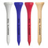 Four golf tees in white, blue, red, and natural wood colour, each featuring a logo.