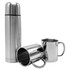 A drink bottle in silver stainless steel, accompanied by two matching mugs, all featuring a sleek design and handle.