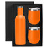 A drink bottle and two cups in bright orange, presented in a black gift box, featuring a logo.