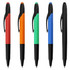 A set of five stylus pens in red, orange, green, blue, and black, featuring black grips and clips.