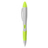 A highlighter pen in grey and bright green, featuring a clip and a logo.