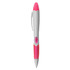 A highlighter pen in pink and grey, featuring a clear barrel and a clip for easy attachment.
