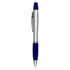 A highlighter pen with a silver barrel and a blue grip, featuring a pen clip and a brand logo.