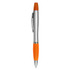 A silver pen with an orange grip and cap, featuring a metal clip and a logo on the side.