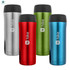 A drink bottle set featuring four travel mugs in silver, red, green, and blue, each with a black lid and logo.