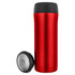 A drink bottle in bright red with a black lid and a removable bottom component. It features a logo.