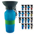 A drink bottle in blue with a black top and green silicone band, featuring various other colours nearby.