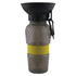 A drink bottle in grey with a yellow silicone band and a black funnel attachment, featuring a carabiner clip.