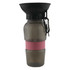 A drink bottle in grey with a black funnel and a pink silicone band, featuring a carabiner and a logo.