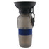 A drink bottle with a grey body, black top, and blue silicone band, featuring a carabiner clip.
