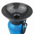 A drink bottle with a blue base and a black funnel top, featuring a carabiner clip and a logo.