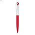 A red metal ballpoint pen with a silver clip and tip, featuring a sleek design and a logo.