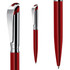 A red metal ball pen with a sleek design and chrome accents. It features a clip and a smooth finish.