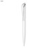 A white pencil with a glossy silver tip and clip, featuring a simple design and branding.
