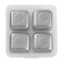 A set of four silver whiskey ice cubes in a clear plastic storage box. Each cube is square-shaped with rounded edges.