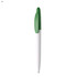 A plastic pen with a white body and a green cap, featuring a logo on the side.